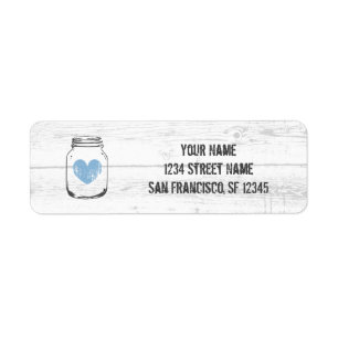 Rustic oak wood blue heart return address labels