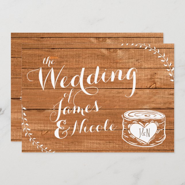 Rustic Oak Wood & Heart Stump Wedding Invitation (Front/Back)