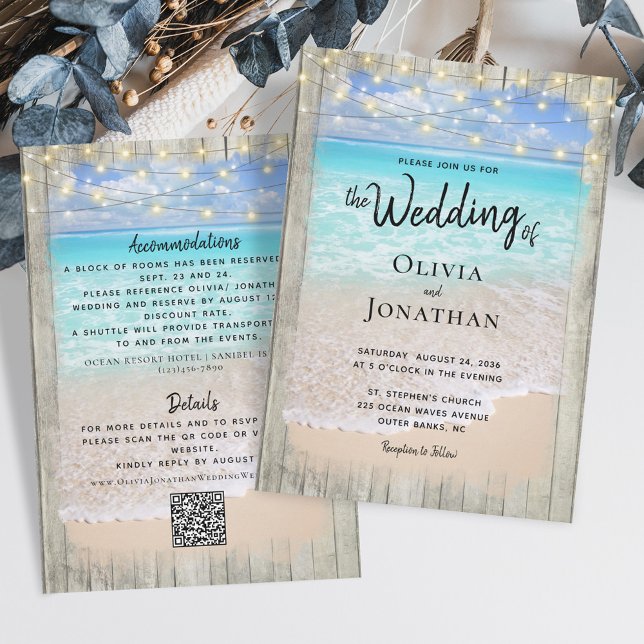 Rustic Ocean Beach Wedding QR Code All in one Invitation (Creator Uploaded)