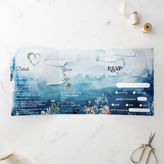 Rustic Ocean Dietary Restrictions RSVP Wedding Tri-Fold Invitation (Inside)