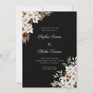 Rustic Off White Flowers Boho Black Wedding Invitation