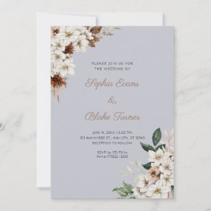 Rustic Off White Flowers Boho Cloud Grey Wedding Invitation