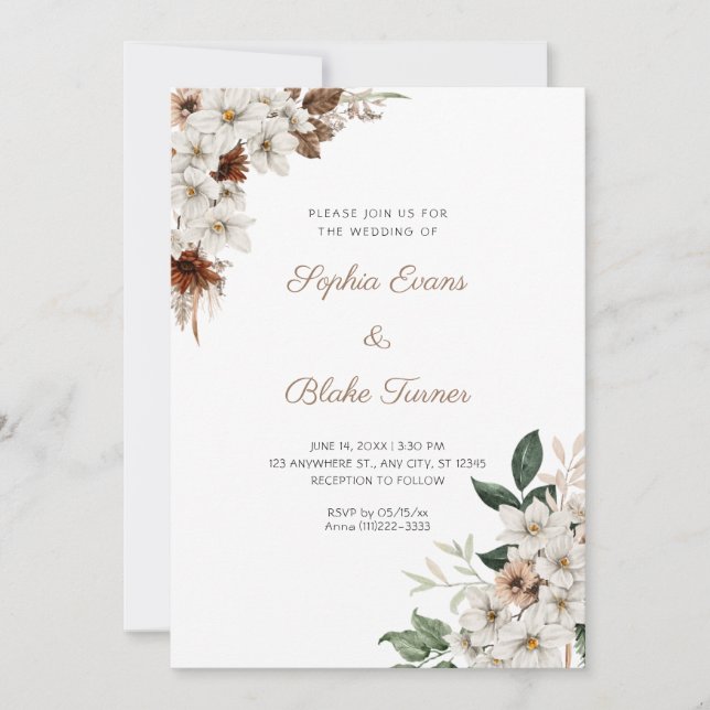 Rustic Off White Flowers Boho White Wedding Invitation (Front)