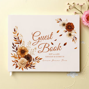 Rustic Off-White Toffee Brown Fall Leaves Wedding  Guest Book