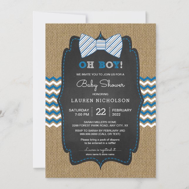 Rustic OH BOY Bow Tie Baby Shower invite (Front)