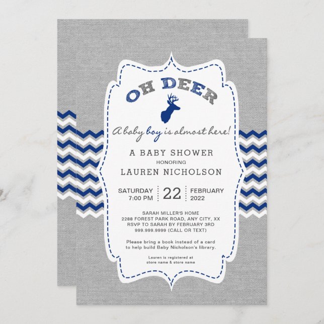 Rustic OH DEER Buck Baby Shower, navy grey Invitation (Front/Back)