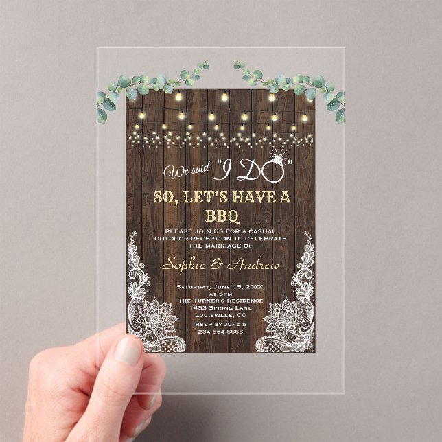 Rustic Old Barn Lace Eucalyptus I Do BBQ After Acrylic Invitations (Insitu (Handheld))