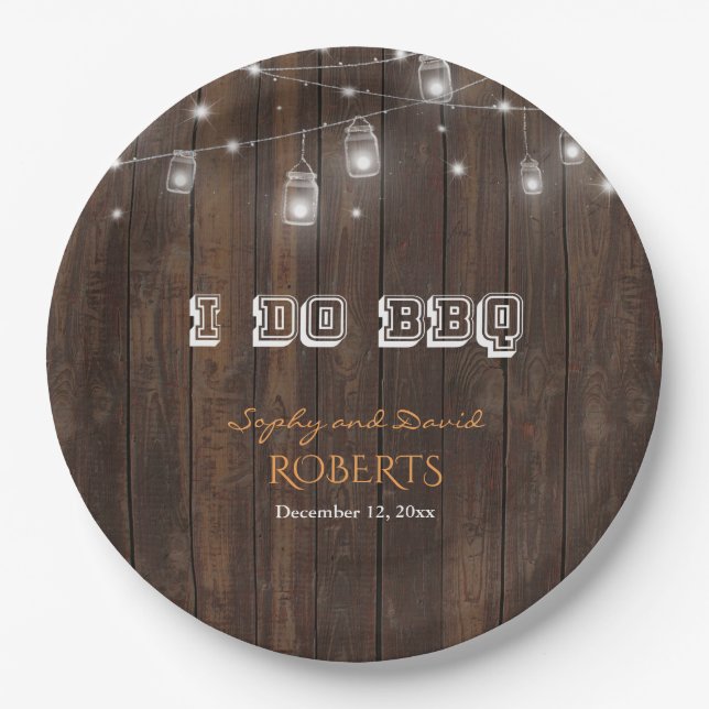 Rustic Old Barn Mason Jar String Lights I DO BBQ Paper Plate (Front)