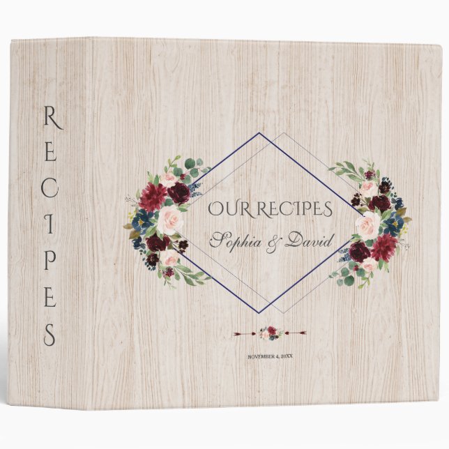 Rustic Old Barn Merlot Navy Blue Floral Recipes Binder (Front/Spine)