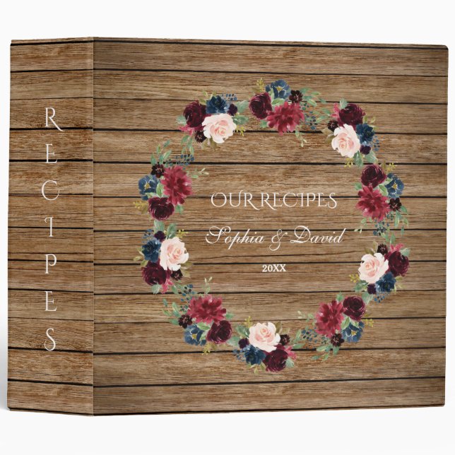 Rustic Old Barn Merlot Navy Floral Wreath Recipes Binder (Front/Spine)