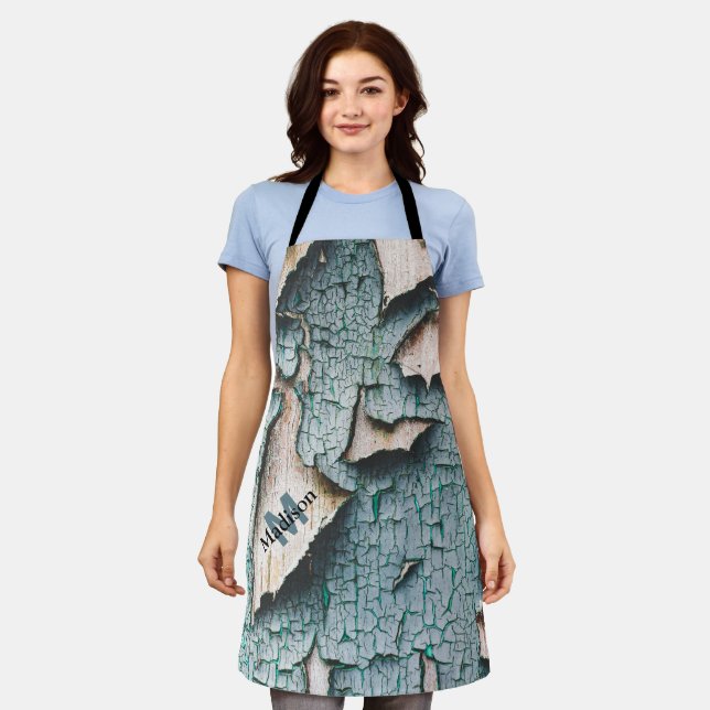 Rustic old blue green paint wood Custom Monogram Apron (Worn)