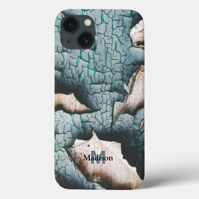 Rustic old blue green paint wood Custom Monogram Case-Mate iPhone Case (Back)
