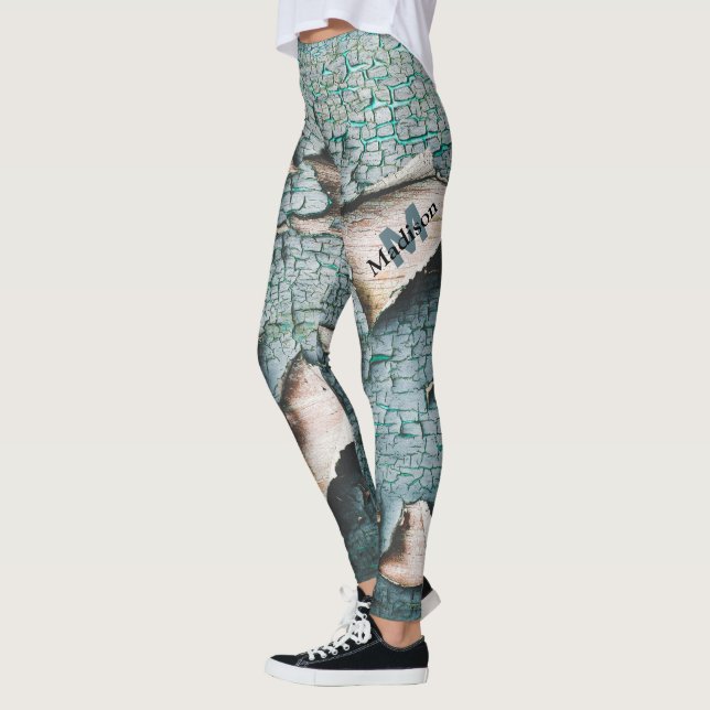 Rustic old blue green paint wood Custom Monogram Leggings (Left)