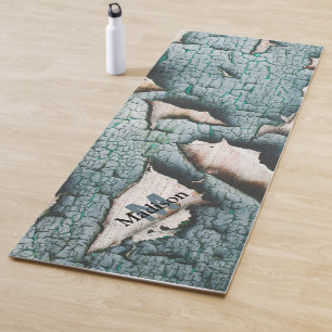 Rustic old blue green paint wood Custom Monogram Yoga Mat