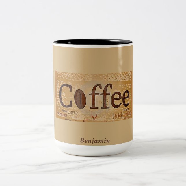 Rustic Old Brown Coffee Beans Label Two-Tone Coffee Mug (Center)