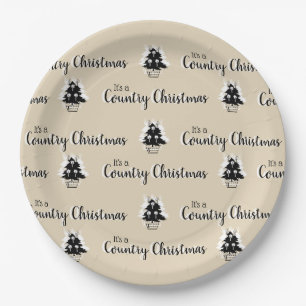 Rustic Old Fashioned Country Christmas Trees Beige Paper Plate