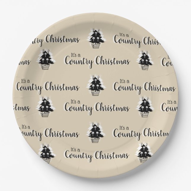 Rustic Old Fashioned Country Christmas Trees Beige Paper Plate (Front)