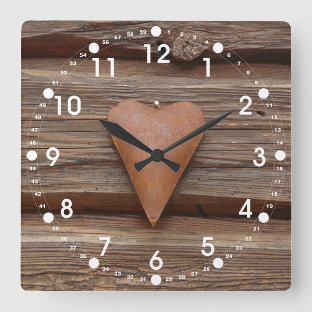 Rustic Old Heart on Log Cabin Wood Square Wall Clock (Front)