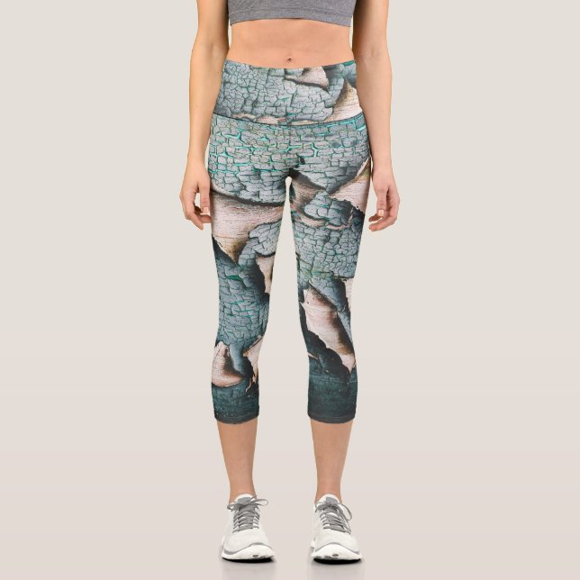 Rustic old light blue green peeling paint wood capri leggings (Front)