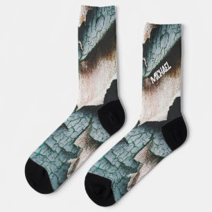 Rustic old light blue green peeling paint Yourname Socks