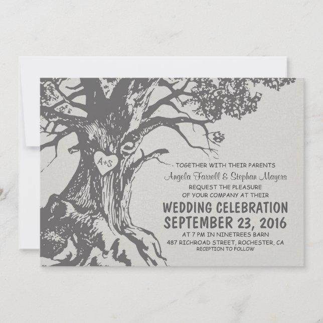 Rustic old oak tree grey wedding invitations (Front)
