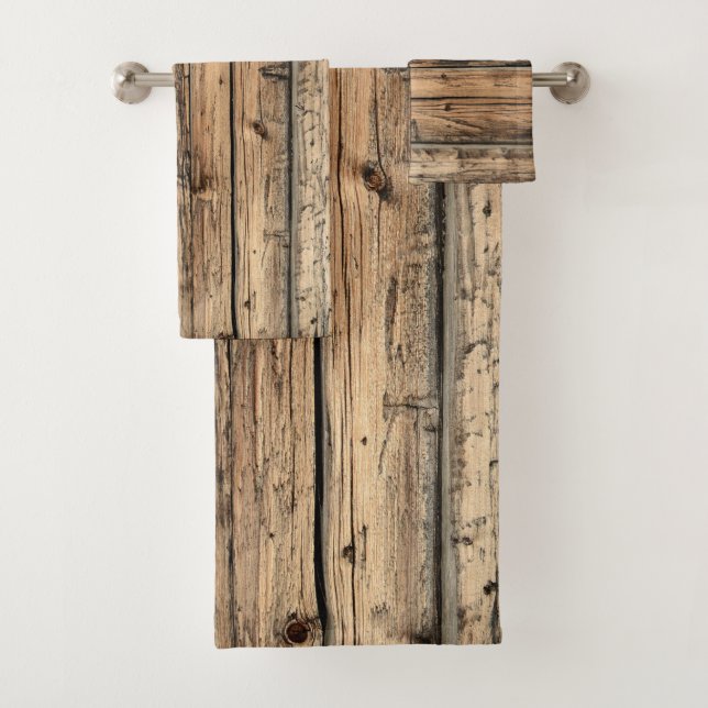Rustic old oak wood wagon boards bath towel set (Insitu)
