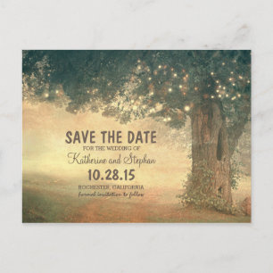 Rustic old tree and string lights save the date announcement postcard