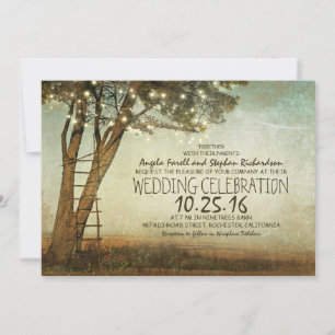 Rustic old tree & string lights wedding invitation
