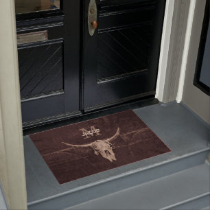 Rustic Old Western Bull Skull Brown Beige Monogram Doormat