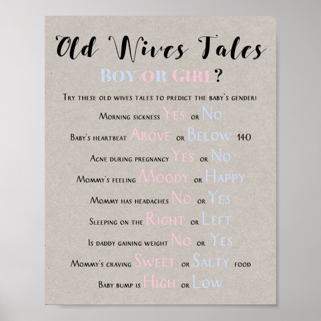 Rustic Old Wives Tales Baby Shower Gender Reveal Poster (Front)