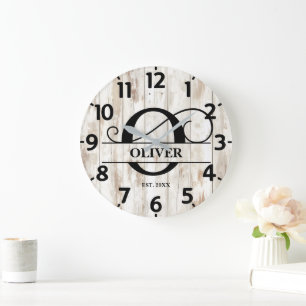 Rustic Old Wood O Monogram Large Clock