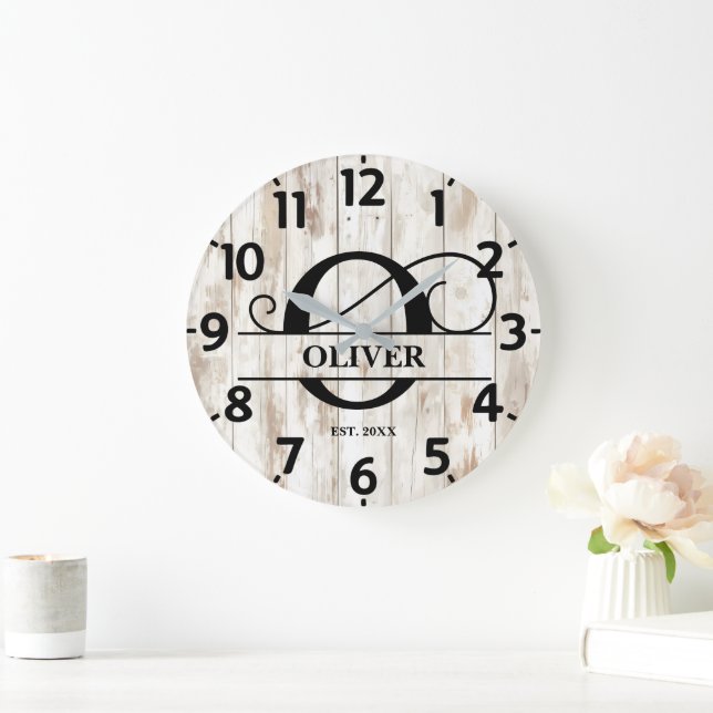 Rustic Old Wood O Monogram Large Clock (Home)