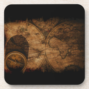 Rustic Old World Map and Compass Coaster