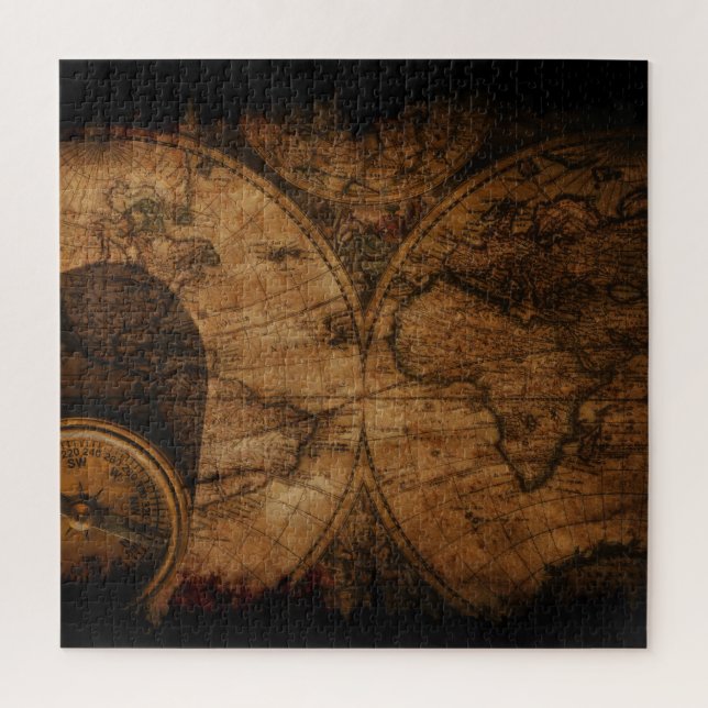 Rustic Old World Map and Compass Jigsaw Puzzle (Vertical)