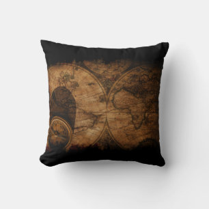 Rustic Old World Map and Compass Throw Pillow