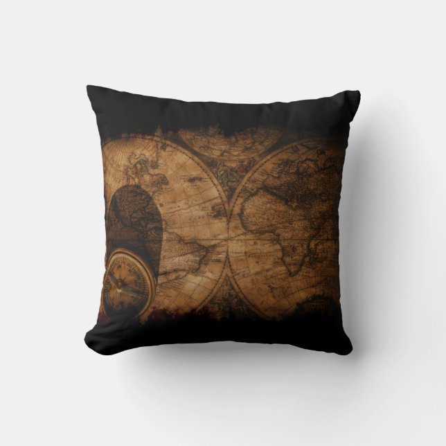 Rustic Old World Map and Compass Throw Pillow (Front)