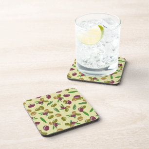 Rustic Olive and Olive Leaves Pattern Coaster