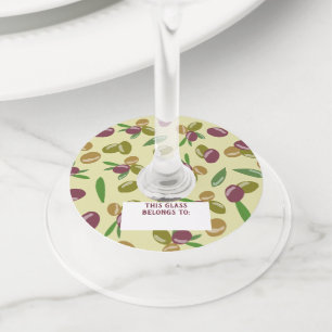 Rustic Olive and Olive Leaves Pattern Wine Glass Tag
