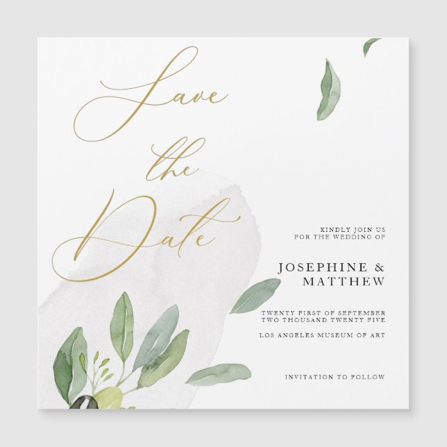 Rustic Olive Branch Chic Calligraphy Save The Date Magnetic Invitation (Front)