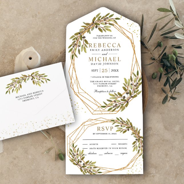 Rustic Olive Branch Gold Geometric Frame Wedding A All In One Invitation (Creator Uploaded)