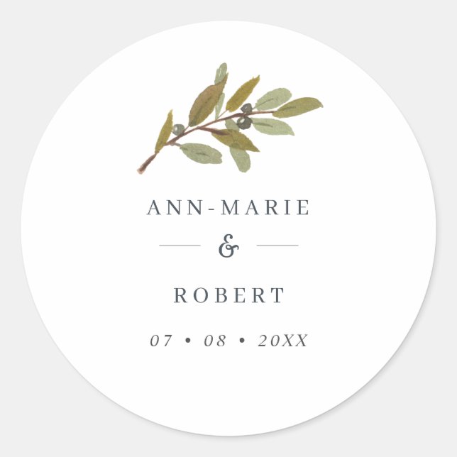 Rustic Olive Branch Wedding Names Classic Round Sticker (Front)