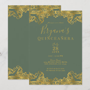 Rustic Olive & Gold Lace Elegant Quinceañera Invitation