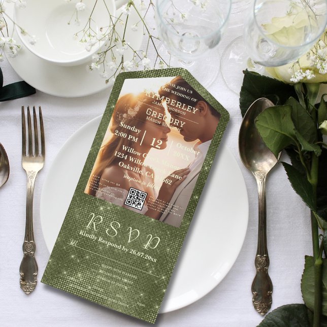 Rustic Olive Green Faux Burlap Photo  QR Code All In One Invitation (Creator Uploaded)