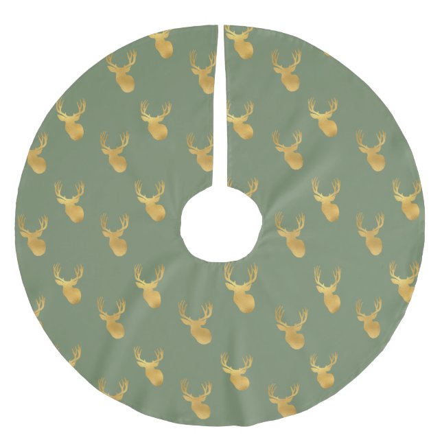Rustic Olive Green Gold Deer Christmas Brushed Polyester Tree Skirt (Front)
