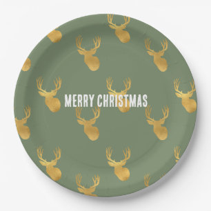 Rustic Olive Green Gold Deer Christmas Paper Plate