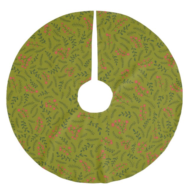 Rustic olive green red foliage greenery pattern brushed polyester tree skirt (Front)