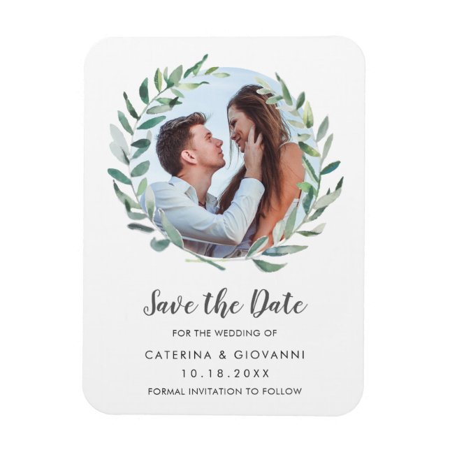 Rustic Olive Greenery Photo Wedding Save the Date Magnet (Vertical)