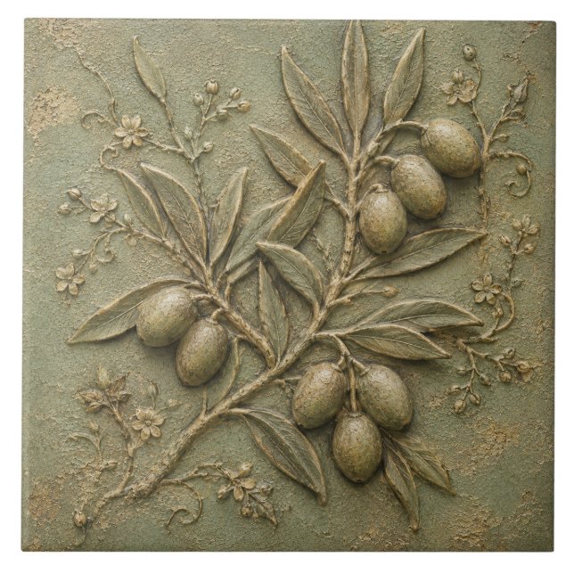 Rustic Olive Grove Botanical Faux Relief Tile (Front)