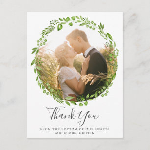 Rustic Olive Leaf Wreath Photo Wedding Thank You Announcement Postcard