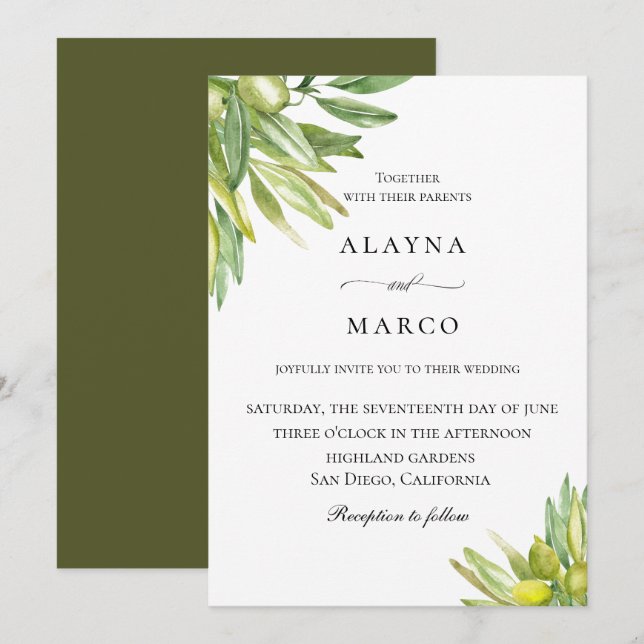 Rustic Olive Tuscan Wedding Invitation (Front/Back)
